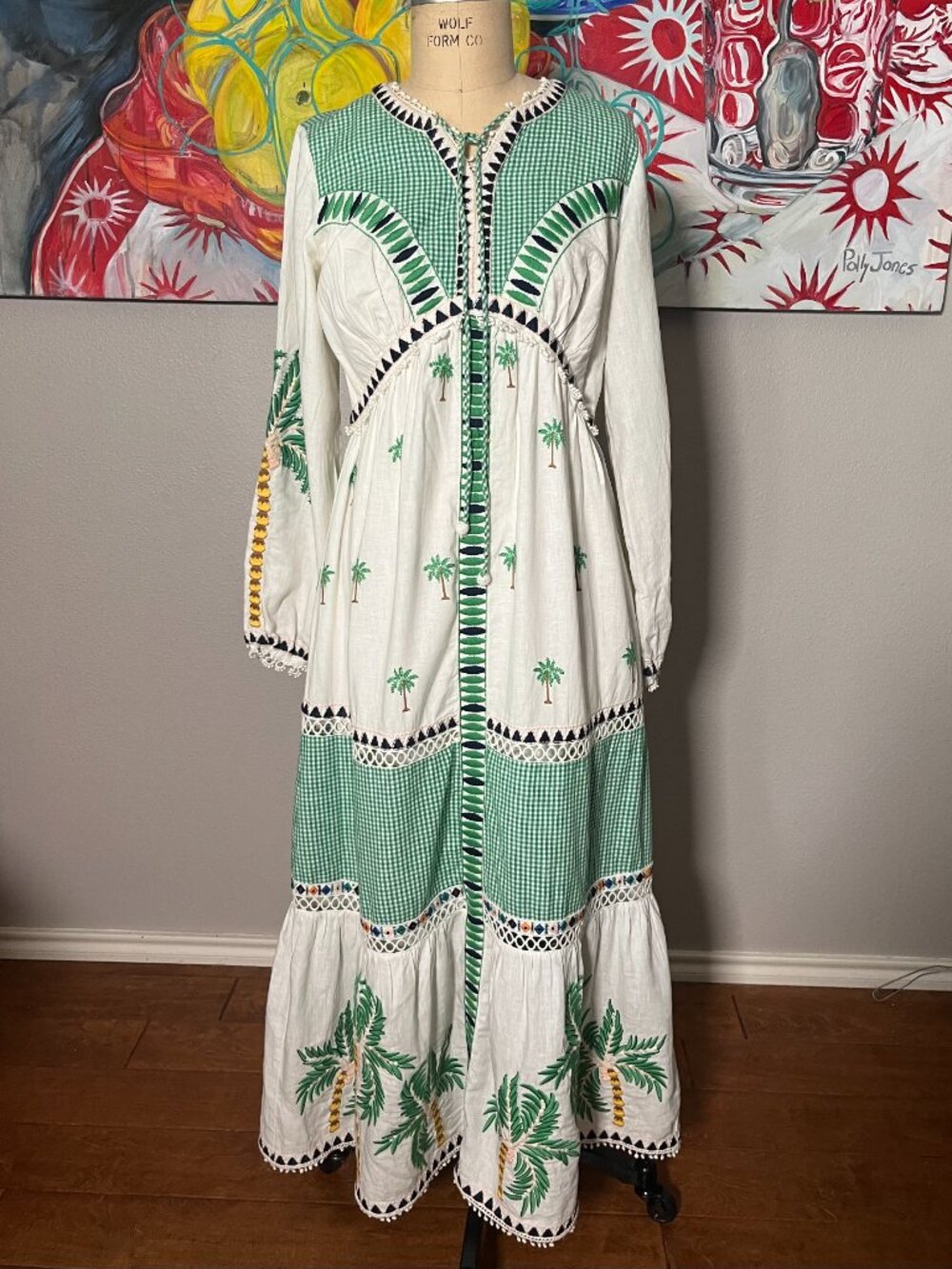 FARM Rio Embroidered Palm Tree Gingham Green White Maxi Dress - Picture 2 of 12